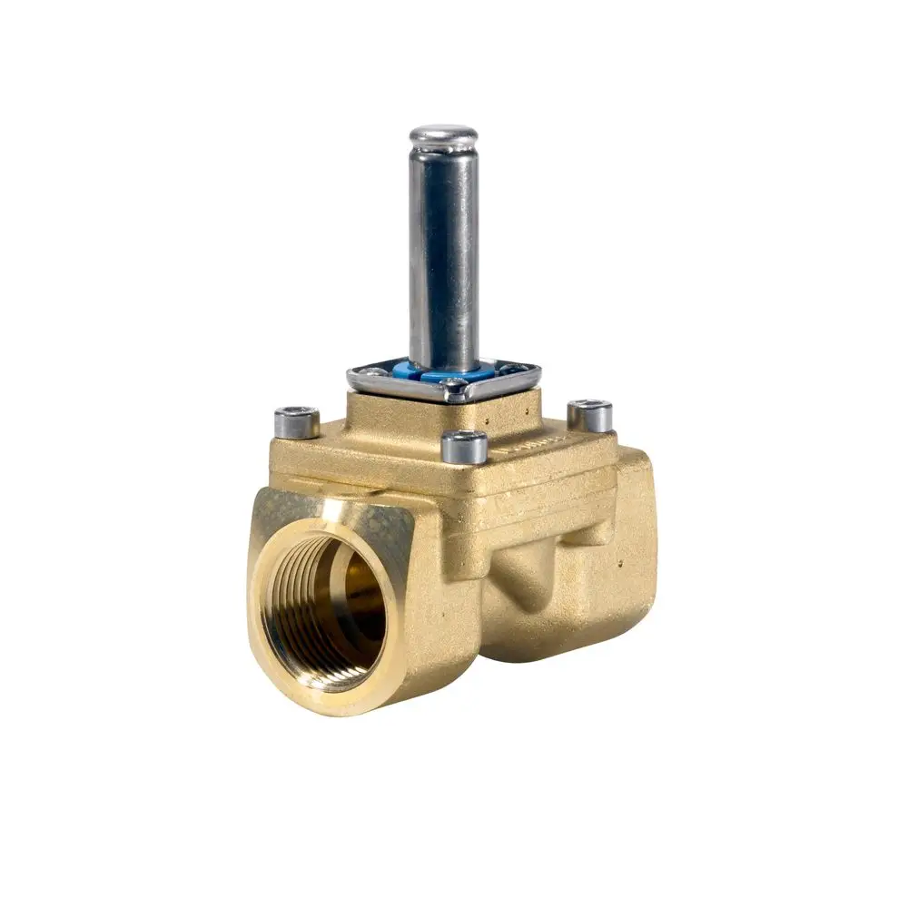 Danfoss Magnetventil in Bronze mit vertikalem Betätigungshebel und einem Anschlussgewinde zur Steuerung von Flüssigkeitsströmen.